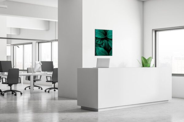 Interior,Of,Open,Space,Office,With,Rows,Of,Computer,Desks, Spannstoff Wanddekoration SET 40 x 40 Botanische Blätter Grün