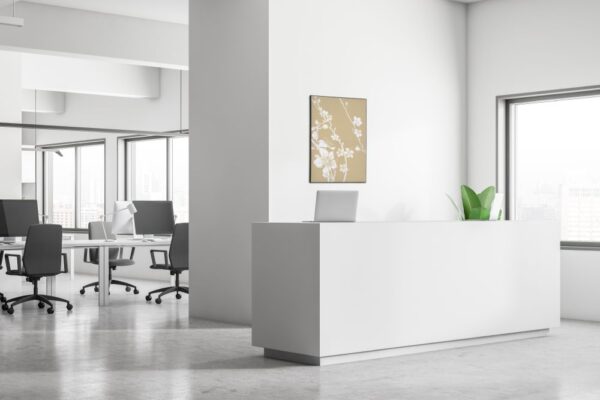 Interior,Of,Open,Space,Office,With,Rows,Of,Computer,Desks, Spannstoff Wanddekoration SET 40 x 40 Japanische Kirschblüte Beige